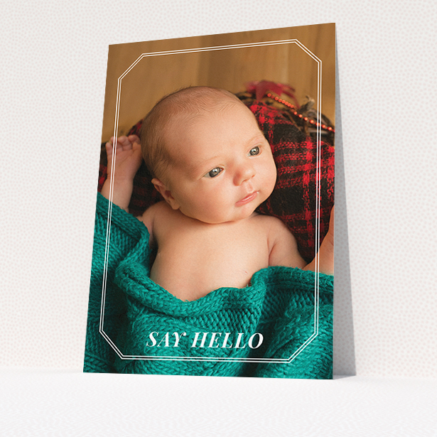 A birth announcement card design called "Etched Step Frame". It is an A5 card in a portrait orientation. It is a photographic birth announcement card with room for 1 photo. "Etched Step Frame" is available as a flat card, with mainly white colouring.