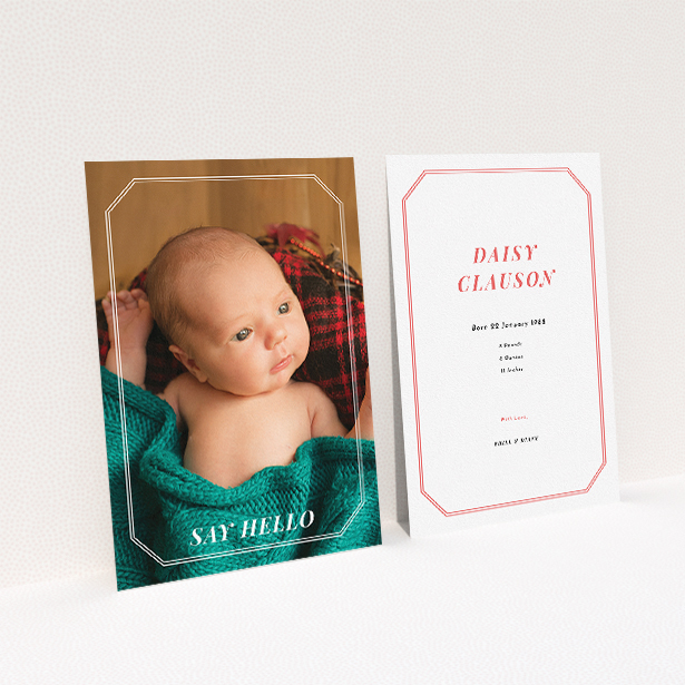 A birth announcement card design called "Etched Step Frame". It is an A5 card in a portrait orientation. It is a photographic birth announcement card with room for 1 photo. "Etched Step Frame" is available as a flat card, with mainly white colouring.