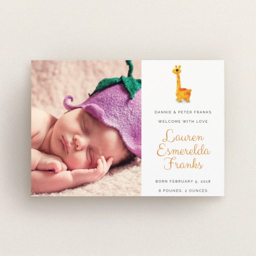 A birth announcement card design named "Fluffy Giraffe". It is an A6 card in a landscape orientation. It is a photographic birth announcement card with room for 1 photo. "Fluffy Giraffe" is available as a flat card, with tones of orange and white.