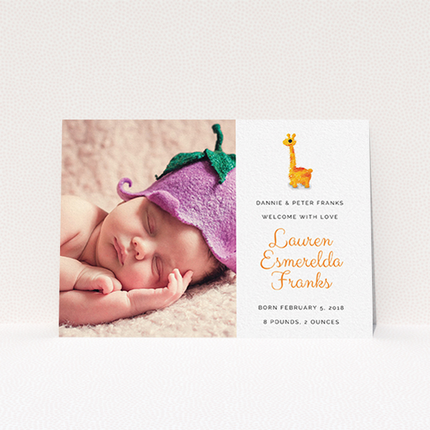 A birth announcement card design named "Fluffy Giraffe". It is an A6 card in a landscape orientation. It is a photographic birth announcement card with room for 1 photo. "Fluffy Giraffe" is available as a flat card, with tones of orange and white.