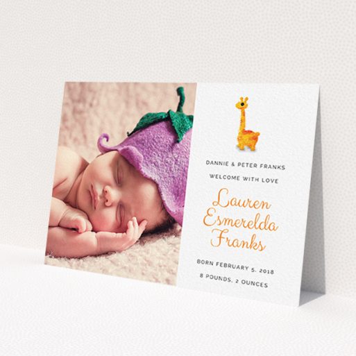 A birth announcement card design named 'Fluffy Giraffe'. It is an A6 card in a landscape orientation. It is a photographic birth announcement card with room for 1 photo. 'Fluffy Giraffe' is available as a flat card, with tones of orange and white.