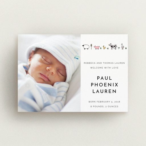 A birth announcement card design called "From the Farmyard". It is an A6 card in a landscape orientation. It is a photographic birth announcement card with room for 1 photo. "From the Farmyard" is available as a flat card, with tones of black and white.
