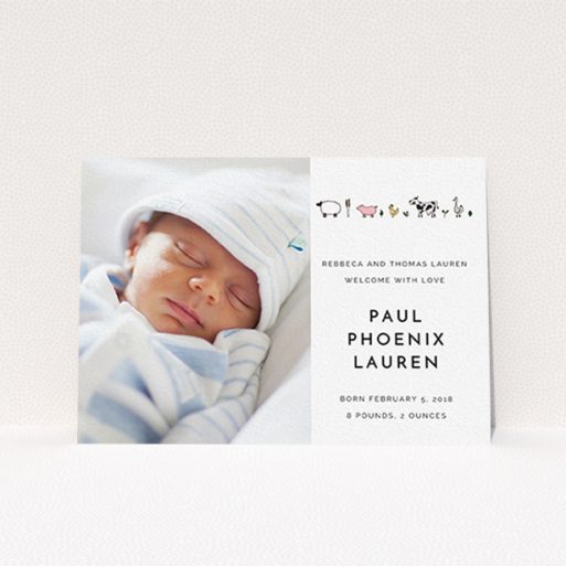 A birth announcement card design called "From the Farmyard". It is an A6 card in a landscape orientation. It is a photographic birth announcement card with room for 1 photo. "From the Farmyard" is available as a flat card, with tones of black and white.