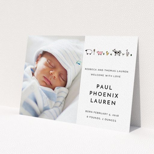 A birth announcement card design called 'From the Farmyard'. It is an A6 card in a landscape orientation. It is a photographic birth announcement card with room for 1 photo. 'From the Farmyard' is available as a flat card, with tones of black and white.