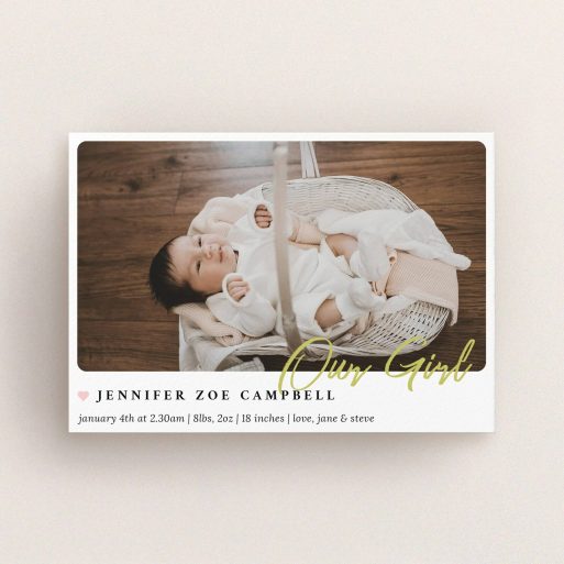 A birth announcement card design named "Gold Stamp". It is an A6 card in a landscape orientation. It is a photographic birth announcement card with room for 1 photo. "Gold Stamp" is available as a flat card, with tones of white and gold.