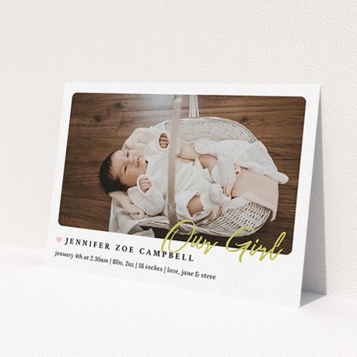 A birth announcement card design named 'Gold Stamp'. It is an A6 card in a landscape orientation. It is a photographic birth announcement card with room for 1 photo. 'Gold Stamp' is available as a flat card, with tones of white and gold.
