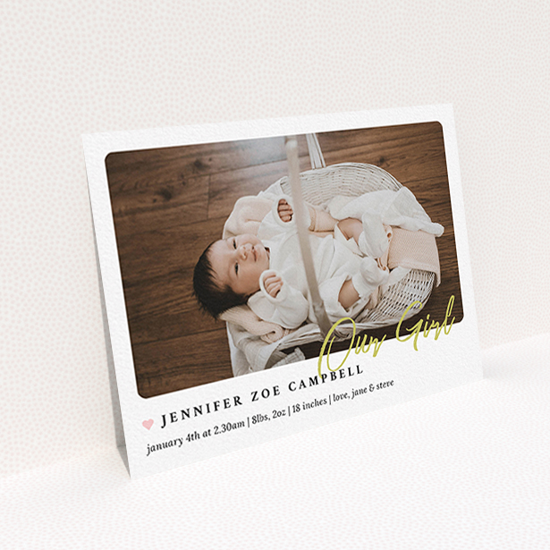 A birth announcement card design named "Gold Stamp". It is an A6 card in a landscape orientation. It is a photographic birth announcement card with room for 1 photo. "Gold Stamp" is available as a flat card, with tones of white and gold.
