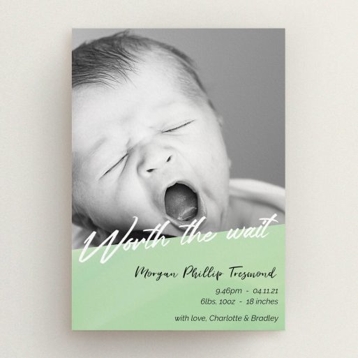 A birth announcement card design named "Green Slant". It is an A5 card in a portrait orientation. It is a photographic birth announcement card with room for 1 photo. "Green Slant" is available as a flat card, with tones of green and white.
