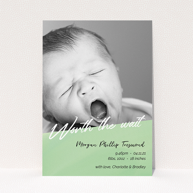 A birth announcement card design named "Green Slant". It is an A5 card in a portrait orientation. It is a photographic birth announcement card with room for 1 photo. "Green Slant" is available as a flat card, with tones of green and white.