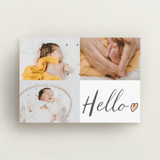 A birth announcement card design titled "Handwritten Hello". It is an A6 card in a landscape orientation. It is a photographic birth announcement card with room for 3 photos. "Handwritten Hello" is available as a flat card, with tones of white and red.