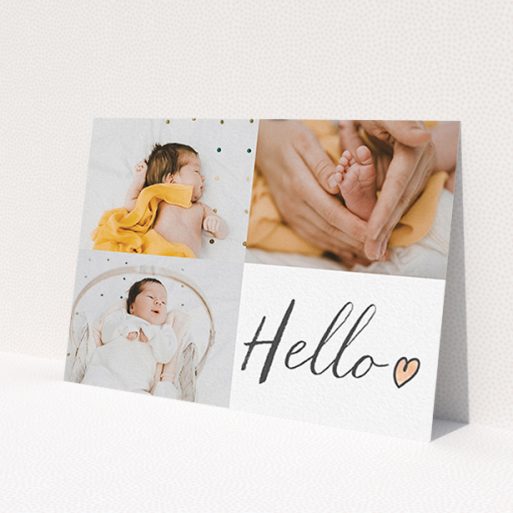 A birth announcement card design titled 'Handwritten Hello'. It is an A6 card in a landscape orientation. It is a photographic birth announcement card with room for 3 photos. 'Handwritten Hello' is available as a flat card, with tones of white and red.