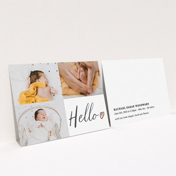 A birth announcement card design titled "Handwritten Hello". It is an A6 card in a landscape orientation. It is a photographic birth announcement card with room for 3 photos. "Handwritten Hello" is available as a flat card, with tones of white and red.