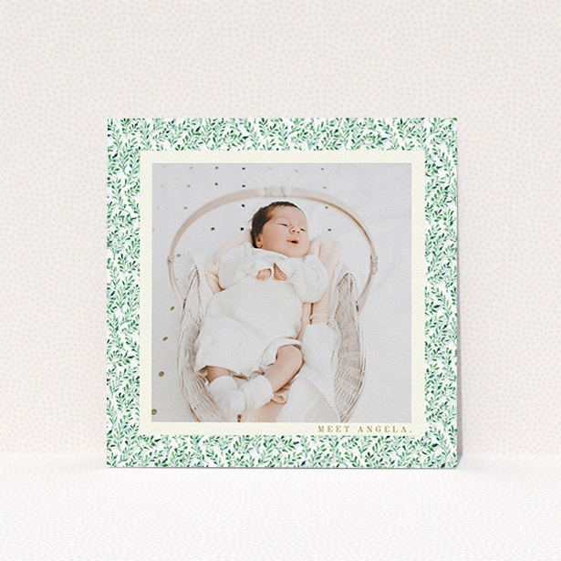 A birth announcement card named "Hedgerow Frame". It is a square (148mm x 148mm) card in a square orientation. It is a photographic birth announcement card with room for 1 photo. "Hedgerow Frame" is available as a flat card, with tones of green and white.