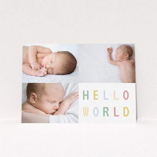 A birth announcement card named "Hello World". It is an A6 card in a landscape orientation. It is a photographic birth announcement card with room for 3 photos. "Hello World" is available as a flat card, with tones of white and green.
