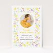 A birth announcement card called "In the Playroom". It is an A5 card in a portrait orientation. It is a photographic birth announcement card with room for 1 photo. "In the Playroom" is available as a flat card, with tones of yellow, white and light purple.