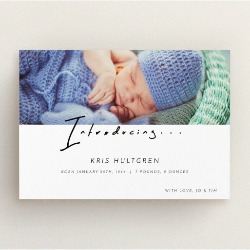 A birth announcement card design named "Introducing this guy". It is an A5 card in a landscape orientation. It is a photographic birth announcement card with room for 1 photo. "Introducing this guy" is available as a flat card, with mainly white colouring.