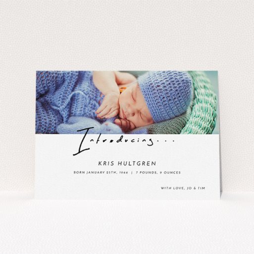 A birth announcement card design named "Introducing this guy". It is an A5 card in a landscape orientation. It is a photographic birth announcement card with room for 1 photo. "Introducing this guy" is available as a flat card, with mainly white colouring.
