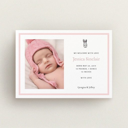 A birth announcement card template titled "Little Bunny". It is an A6 card in a landscape orientation. It is a photographic birth announcement card with room for 1 photo. "Little Bunny" is available as a flat card, with tones of pink and white.