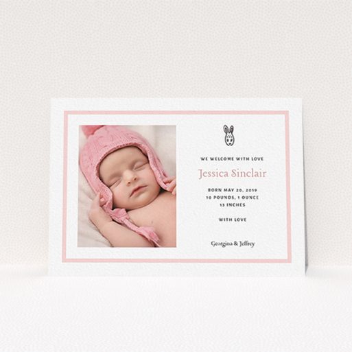A birth announcement card template titled "Little Bunny". It is an A6 card in a landscape orientation. It is a photographic birth announcement card with room for 1 photo. "Little Bunny" is available as a flat card, with tones of pink and white.