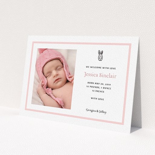 A birth announcement card template titled 'Little Bunny'. It is an A6 card in a landscape orientation. It is a photographic birth announcement card with room for 1 photo. 'Little Bunny' is available as a flat card, with tones of pink and white.