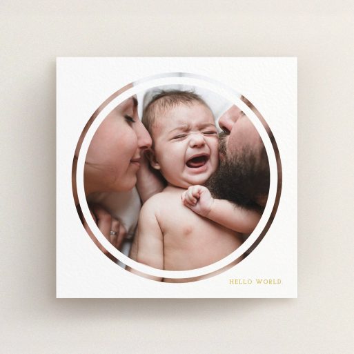 A birth announcement card template titled "Modern Circle Frame". It is a square (148mm x 148mm) card in a square orientation. It is a photographic birth announcement card with room for 1 photo. "Modern Circle Frame" is available as a flat card, with tones of white and yellow.