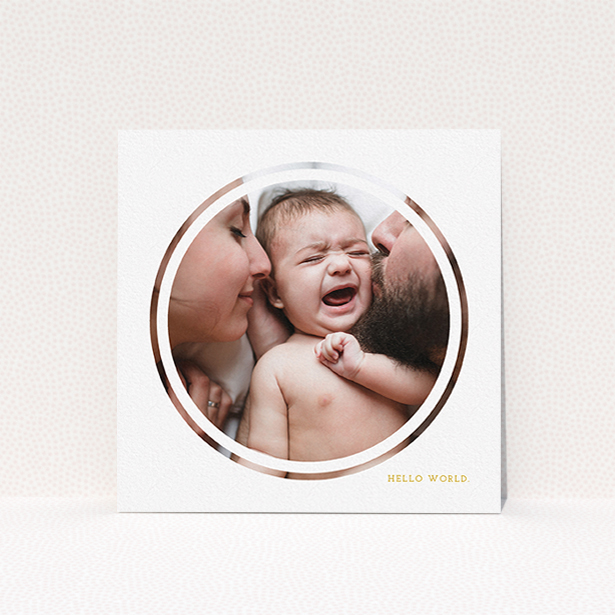 A birth announcement card template titled "Modern Circle Frame". It is a square (148mm x 148mm) card in a square orientation. It is a photographic birth announcement card with room for 1 photo. "Modern Circle Frame" is available as a flat card, with tones of white and yellow.