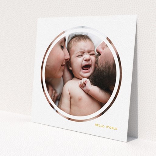 A birth announcement card template titled 'Modern Circle Frame'. It is a square (148mm x 148mm) card in a square orientation. It is a photographic birth announcement card with room for 1 photo. 'Modern Circle Frame' is available as a flat card, with tones of white and yellow.