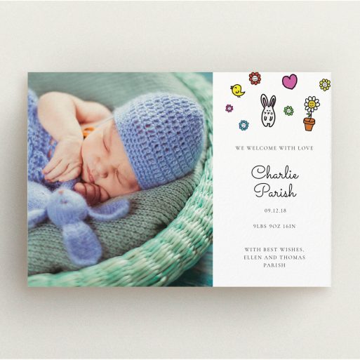 A birth announcement card called "Nursery Abstract". It is an A5 card in a landscape orientation. It is a photographic birth announcement card with room for 1 photo. "Nursery Abstract" is available as a flat card, with tones of white and blue.