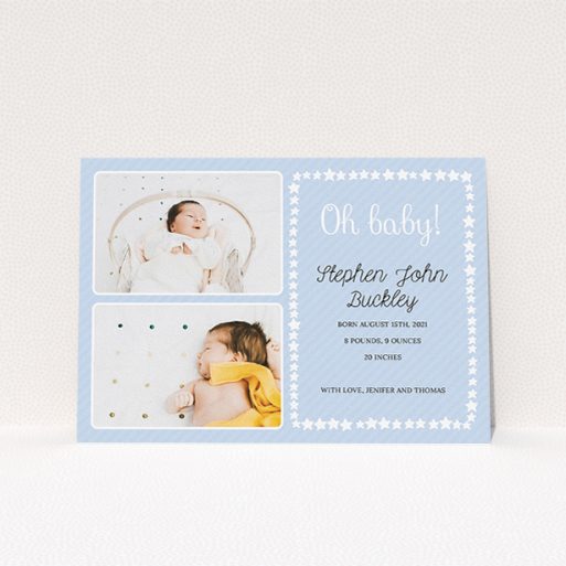 A birth announcement card called "Oh Baby!". It is an A5 card in a landscape orientation. It is a photographic birth announcement card with room for 2 photos. "Oh Baby!" is available as a flat card, with tones of blue and white.