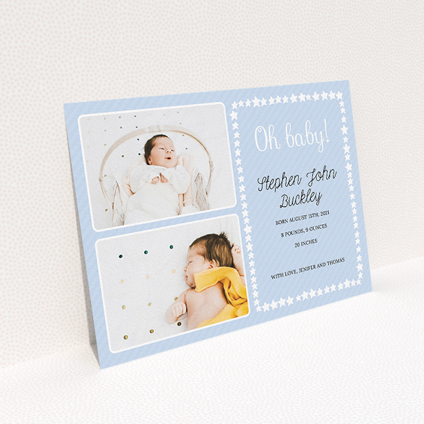 A birth announcement card called "Oh Baby!". It is an A5 card in a landscape orientation. It is a photographic birth announcement card with room for 2 photos. "Oh Baby!" is available as a flat card, with tones of blue and white.