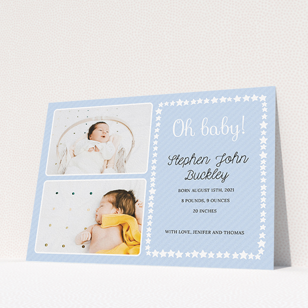 A birth announcement card called "Oh Baby!". It is an A5 card in a landscape orientation. It is a photographic birth announcement card with room for 2 photos. "Oh Baby!" is available as a flat card, with tones of blue and white.