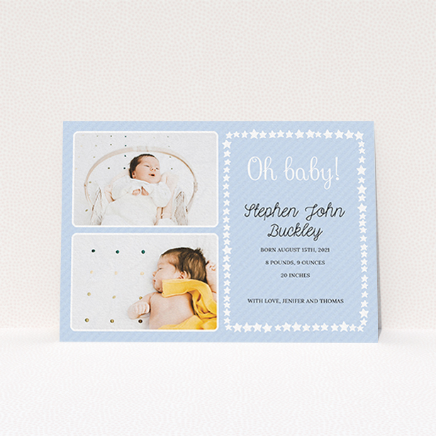A birth announcement card template titled "Oh Baby!". It is an A6 card in a landscape orientation. It is a photographic birth announcement card with room for 2 photos. "Oh Baby!" is available as a flat card, with tones of blue and white.
