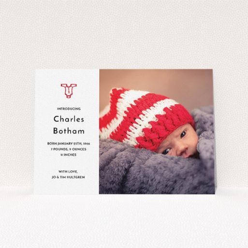 A birth announcement card called "Onesie". It is an A5 card in a landscape orientation. It is a photographic birth announcement card with room for 1 photo. "Onesie" is available as a flat card, with tones of white and red.