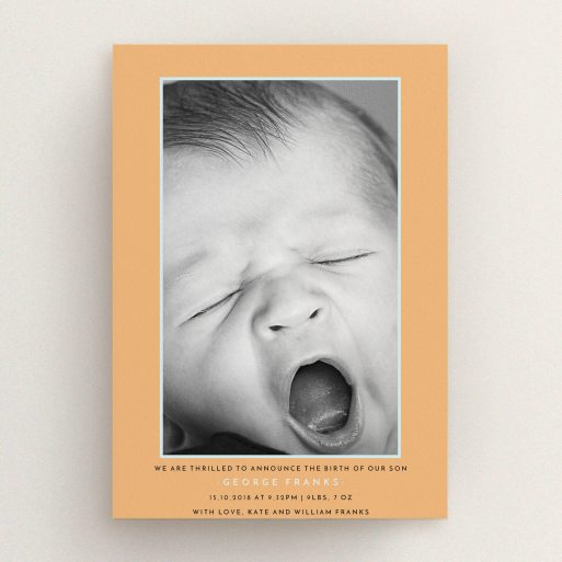 A birth announcement card design titled "Orange and Mint". It is an A5 card in a portrait orientation. It is a photographic birth announcement card with room for 1 photo. "Orange and Mint" is available as a flat card, with tones of orange and blue.