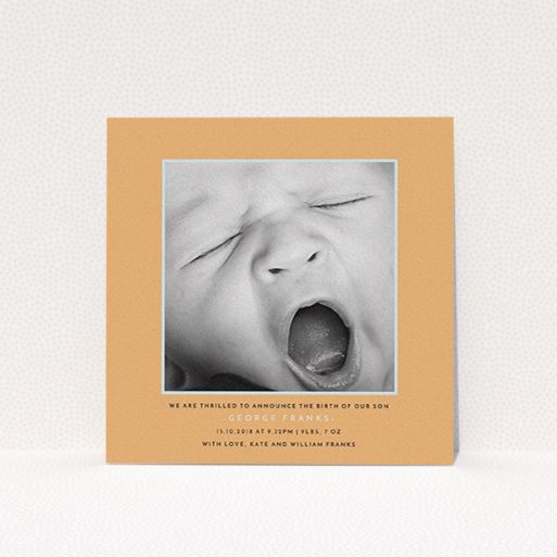 A birth announcement card design titled "Orange and Mint". It is a square (148mm x 148mm) card in a square orientation. It is a photographic birth announcement card with room for 1 photo. "Orange and Mint" is available as a flat card, with tones of orange and blue.