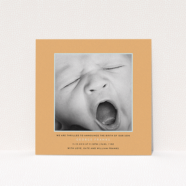 A birth announcement card design titled "Orange and Mint". It is a square (148mm x 148mm) card in a square orientation. It is a photographic birth announcement card with room for 1 photo. "Orange and Mint" is available as a flat card, with tones of orange and blue.