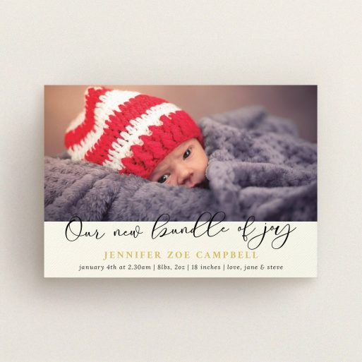 A birth announcement card design titled "Our New Bundle of Joy". It is an A6 card in a landscape orientation. It is a photographic birth announcement card with room for 1 photo. "Our New Bundle of Joy" is available as a flat card, with tones of cream and gold.
