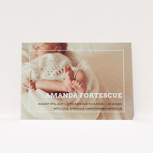 A birth announcement card template titled "Over Photo Frame". It is an A5 card in a landscape orientation. It is a photographic birth announcement card with room for 1 photo. "Over Photo Frame" is available as a flat card, with mainly light blue colouring.