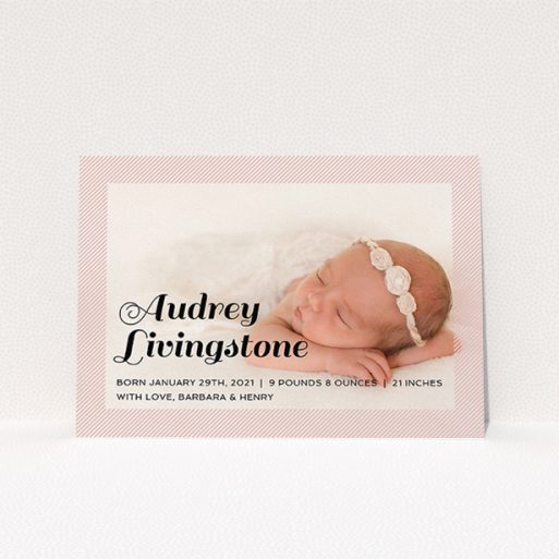 A birth announcement card design titled "Pastel Diagonals". It is an A5 card in a landscape orientation. It is a photographic birth announcement card with room for 1 photo. "Pastel Diagonals" is available as a flat card, with mainly light pink colouring.