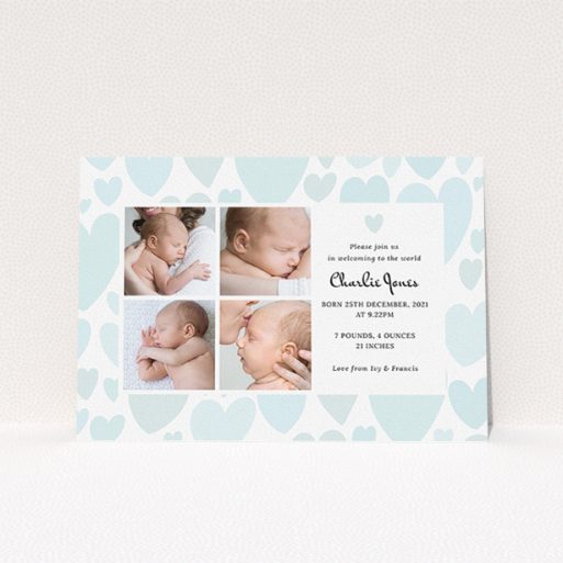 A birth announcement card template titled "Pastel Hearts". It is an A5 card in a landscape orientation. It is a photographic birth announcement card with room for 4 photos. "Pastel Hearts" is available as a flat card, with tones of blue and white.
