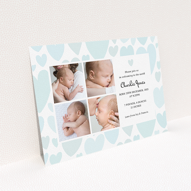 A birth announcement card template titled "Pastel Hearts". It is an A5 card in a landscape orientation. It is a photographic birth announcement card with room for 4 photos. "Pastel Hearts" is available as a flat card, with tones of blue and white.