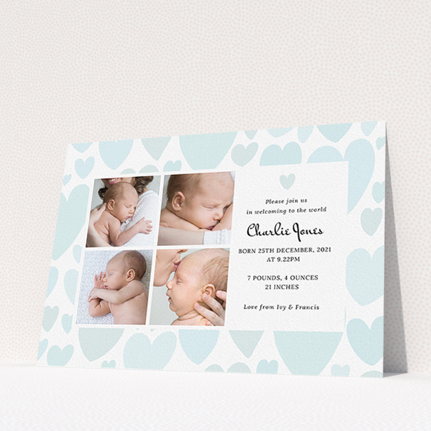 A birth announcement card template titled "Pastel Hearts". It is an A5 card in a landscape orientation. It is a photographic birth announcement card with room for 4 photos. "Pastel Hearts" is available as a flat card, with tones of blue and white.