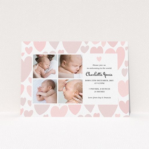 A birth announcement card design called "Pastel Hearts". It is an A6 card in a landscape orientation. It is a photographic birth announcement card with room for 4 photos. "Pastel Hearts" is available as a flat card, with tones of pink and white.
