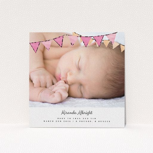 A birth announcement card template titled "Pink Bunting". It is a square (148mm x 148mm) card in a square orientation. It is a photographic birth announcement card with room for 1 photo. "Pink Bunting" is available as a flat card, with tones of pink and white.
