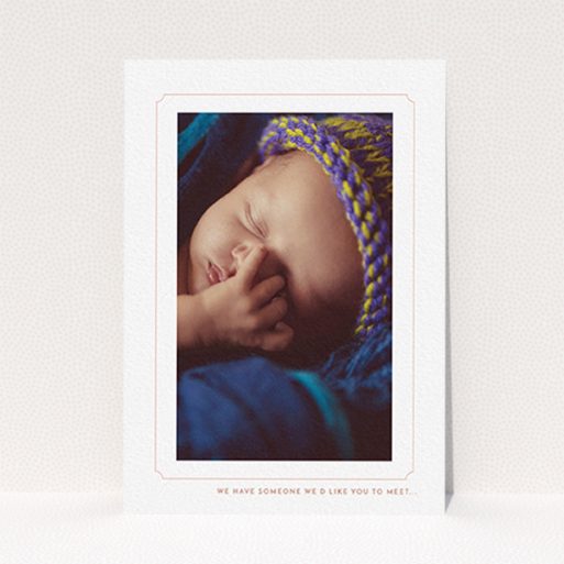 A birth announcement card design named "Pink notch Frame". It is an A6 card in a portrait orientation. It is a photographic birth announcement card with room for 1 photo. "Pink notch Frame" is available as a flat card, with tones of white and pink.