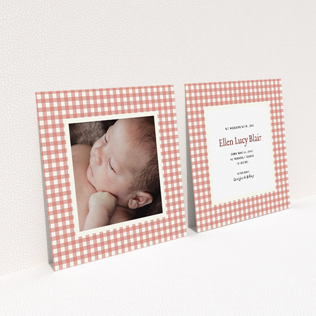 A birth announcement card design titled "Pink Plaid". It is a square (148mm x 148mm) card in a square orientation. It is a photographic birth announcement card with room for 1 photo. "Pink Plaid" is available as a flat card, with tones of pink and white.