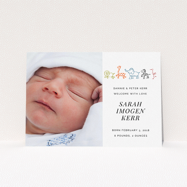A birth announcement card design called "Playground Safari". It is an A5 card in a landscape orientation. It is a photographic birth announcement card with room for 1 photo. "Playground Safari" is available as a flat card, with tones of white and orange.