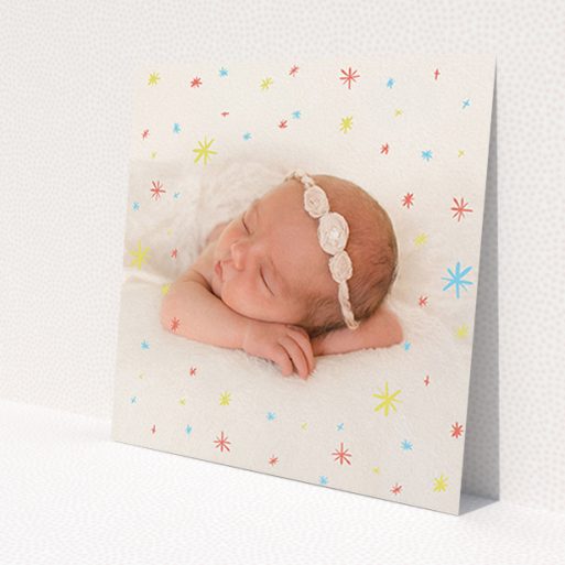 A birth announcement card template titled 'Playground Stars'. It is a square (148mm x 148mm) card in a square orientation. It is a photographic birth announcement card with room for 1 photo. 'Playground Stars' is available as a flat card, with mainly red colouring.
