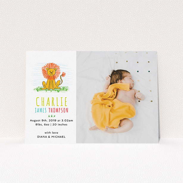 A birth announcement card design called "Playroom Lion". It is an A5 card in a landscape orientation. It is a photographic birth announcement card with room for 1 photo. "Playroom Lion" is available as a flat card, with tones of white and green.
