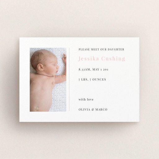 A birth announcement card named "Please Welcome". It is an A6 card in a landscape orientation. It is a photographic birth announcement card with room for 1 photo. "Please Welcome" is available as a flat card, with tones of white and pink.